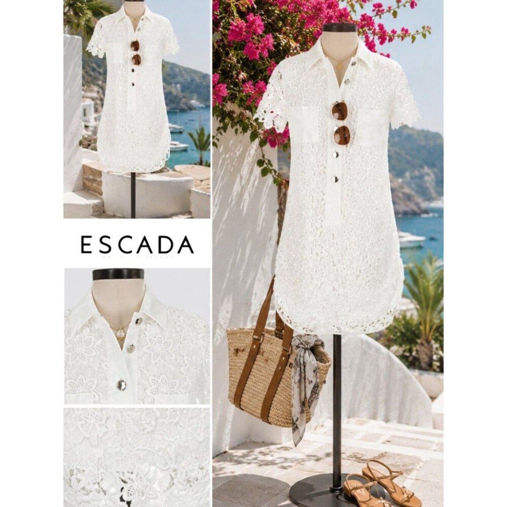 ESCADA White Lace Collared Shirt Dress Gold Buttons Women's XS Designer Size 34